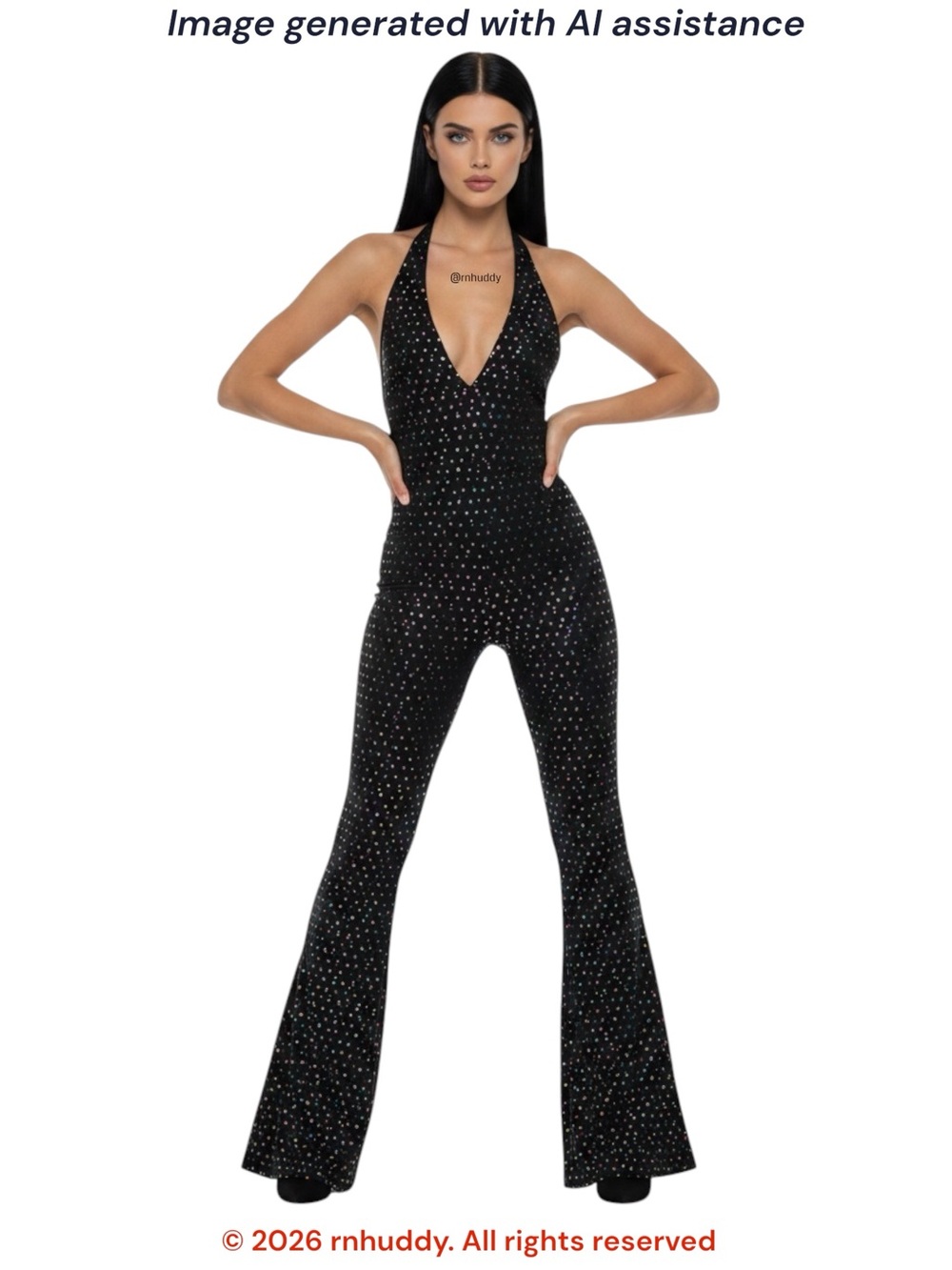 Dream Girl L sequin disco extreme flare halter jumpsuit